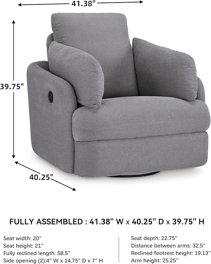 Signature Design by Ashley Modmax Contemporary Swivel Glider Recliner, Press-Back Reclining, Cleanable & Durable Performance Fabric, 21" Seat Height, Gray