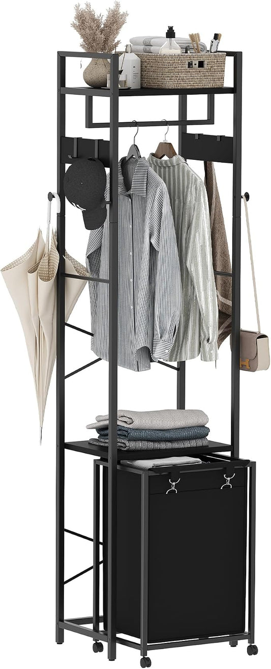 Coat Rack with Laundry Basket, Laundry Hamper Freestanding Hall Tree, Clothes Rack with Storage Shelves, 14.5 Gal Removable Bags on Wheels, Black JLH005B by Yifeel