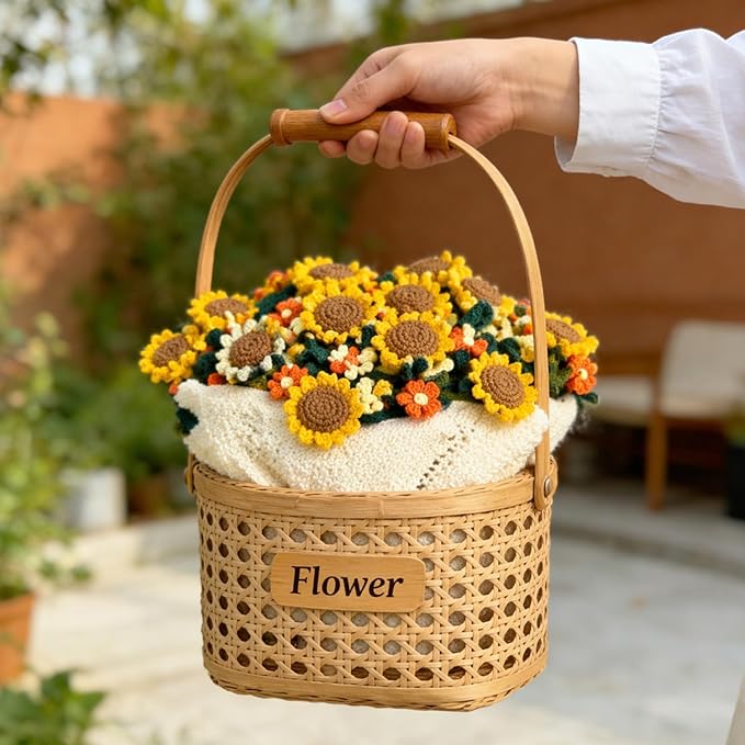 Personalized Handmade Crochet Rose Flower Blanket Bouquet – Custom Name Gift for Mother's Day, Valentine’s Day, Mom or Girlfriend（Sunflowers）