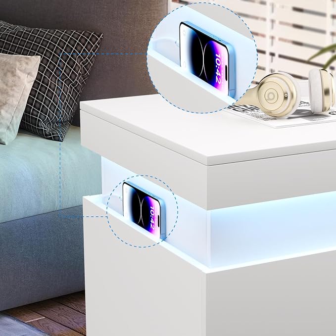 LED Nightstands Set of 2,Night Stands for Bedroom Set of 2,Nightstand with Charging Station and Sliding Top,Bedside Table with Power Outlets & Drawers,Modern End Side Table(2 White) - Image 6