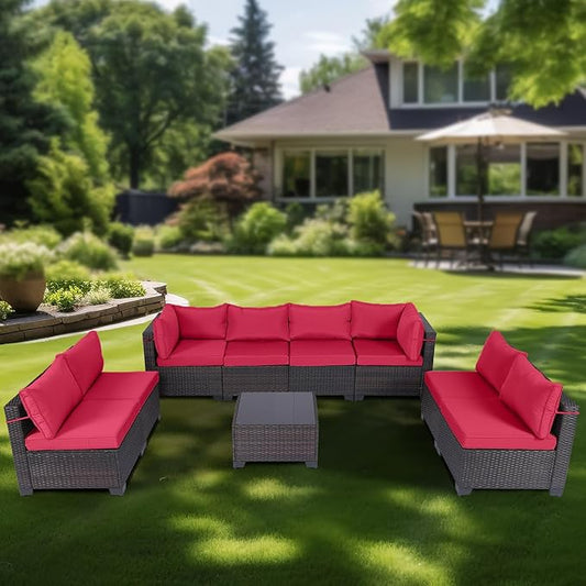 CHABATREE 9 Pieces Outdoor Patio Furniture Sets,Rattan Conversation Sectional Set,Manual Weaving Wicker Patio Sofa with Tea Table