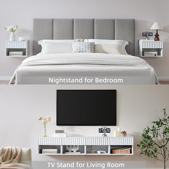 BuildHom Floating Nightstand with Fluted Drawer - Modern Wall Mounted Bedside Table with Open Storage Shelf, Small Night Stand TV Stand for Bedroom(Matte White, Set of 2) - Image 5