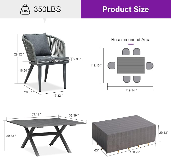 PURPLE LEAF 7 Pieces Patio Dining Set with Waterproof Furniture Cover Rectangular Table and Chairs Set for Garden Deck Aluminum Frame Backyard Kitchen Set, Cushions and Pillows Included Grey - Image 9