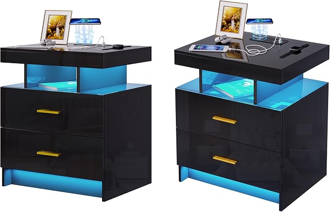 HNEBC Auto LED Nightstands Set of 2,Modern Bedside Table with USB Ports & Wireless Charging Station,High Gloss Bedside Tables with 2 Drawers,Nightstands for Bedrooms/Living Room/Office (Black) by HNEBC