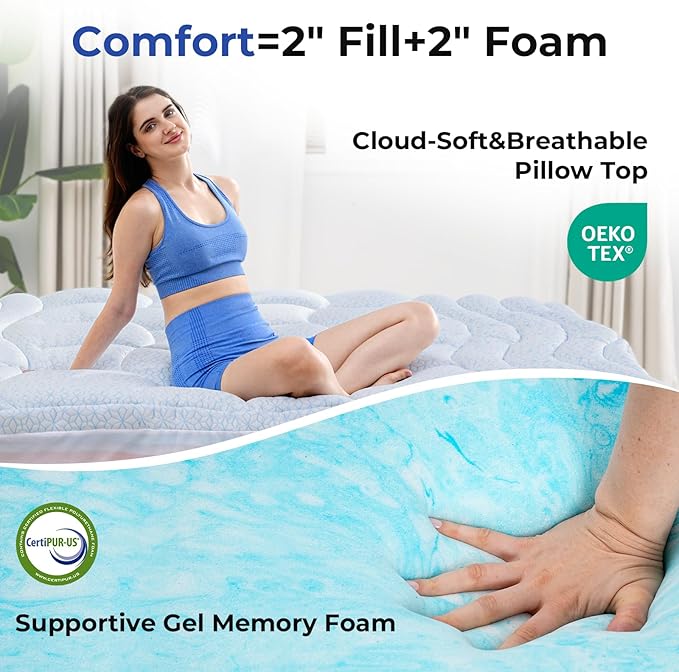 HOMRELEXA Dual Layer 4 Inch Cooling Memory Foam Mattress Topper Twin Size, 2 Inch Thick Soft Quilted Ice Silk Pillow Top Cover Plus 2 Inch Gel Memory Foam Mattress Pad for Back Pain Relief