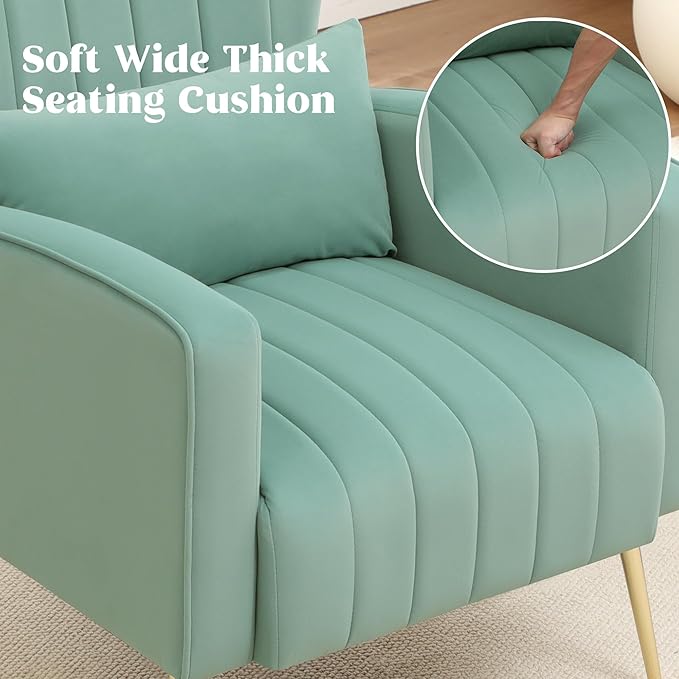 Modern Accent Chair Upholstered Living Room Chair,High Back Arm Chair with Metal Legs Lumbar Reading Chair for Bedroom, Apartment, Small Spaces Lake Green
