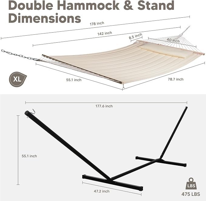 SUNCREAT Double Outdoor Hammock with 15 ft Stand, Standing Patio Hammocks for Outside, Beige - Image 3