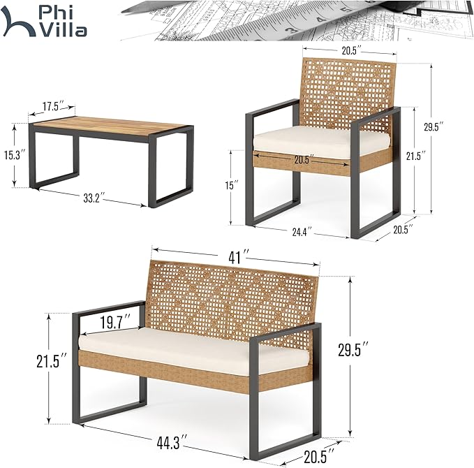 PHI VILLA Patio Wicker Furniture Set for 4, Yellow Rattan Loveseat & Chairs with Beige Cushions & Acacia Wood Coffee Table, Outdoor Modern Conversation Sofa Set for Deck, Yard, Porch