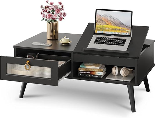 WLIVE Coffee Table, Lift Top Coffee Table with Storage Shelf, Drawer, Height Adjustable and Tilting Tabletop for Living Room, Mid Century Modern, Wood, Black