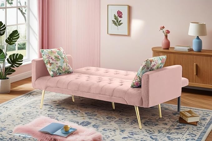 Futon Sofa Bed, Convertible Futon Couch with Adjustable Backrest, 68.31” Folding Sofa Bed with 2 Pillows & Metal Legs, Sleeper Loveseat with Armrest for Home Office, Pink
