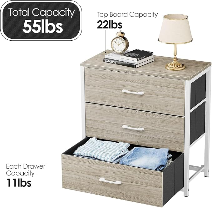Memobarco Nightstand, End Table, Bedside Table, Tall Fabric Dresser with 3 Drawer, White Drawers Small Chests of Drawers Organizer Storage Tower with Steel Frame, Wooden Top & Front for Bedroom - Image 3