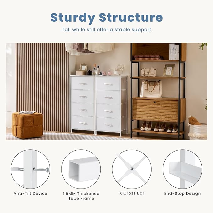 DUMOS Nightstand with 4 Drawers Bedside Table with Removable Fabric Bins Sturdy Steel Frame Wood Top Organizer Furniture for Bedroom Closet Living Room - Image 7