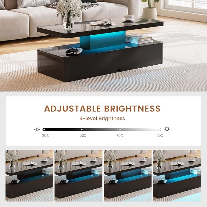40" Modern Living Room Tables, LED Coffee Table with LED Lights, 2 Tier Rectangular Center Table with Large Storage, High Glossy Surface, Tea Table for Living Room, Black
