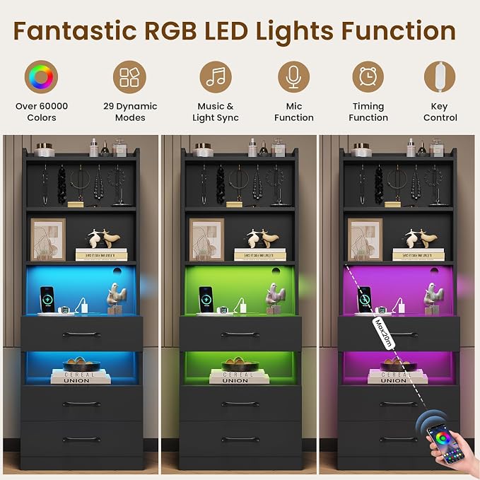 VIAGDO Tall Nightstand Set of 2 with Charging Station and LED Lights, Black Night Stand Set 2 with Bookshelf, Modern LED Bedside Tables with 3 Drawers and Storage Shelves, Side Tables for Bedrooms - Image 5
