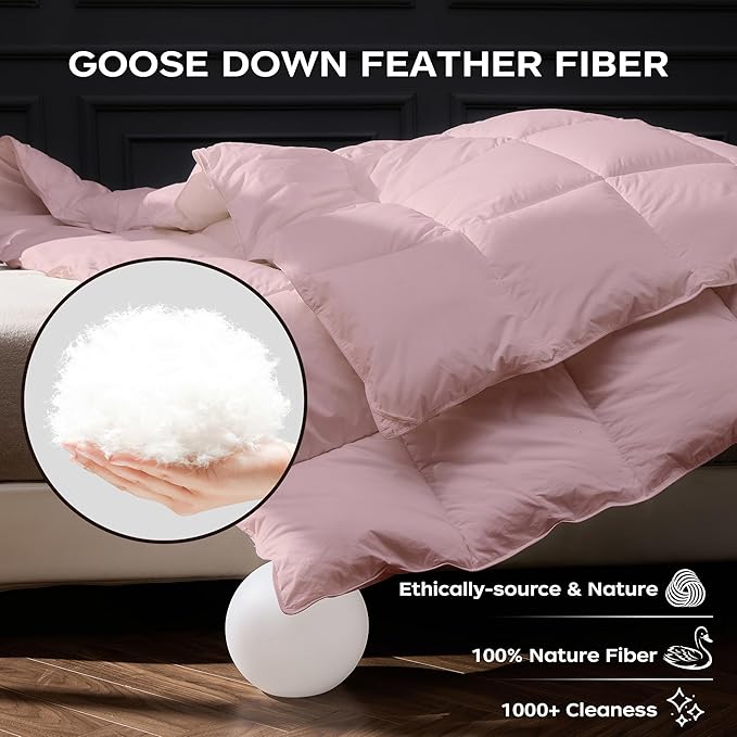puredown® Goose Feather Comforter King Size, All Season Duvet Insert Medium Warmth, Cloud Soft Hotel Collection Comforters with Cotton Cover Pink 106"x90"