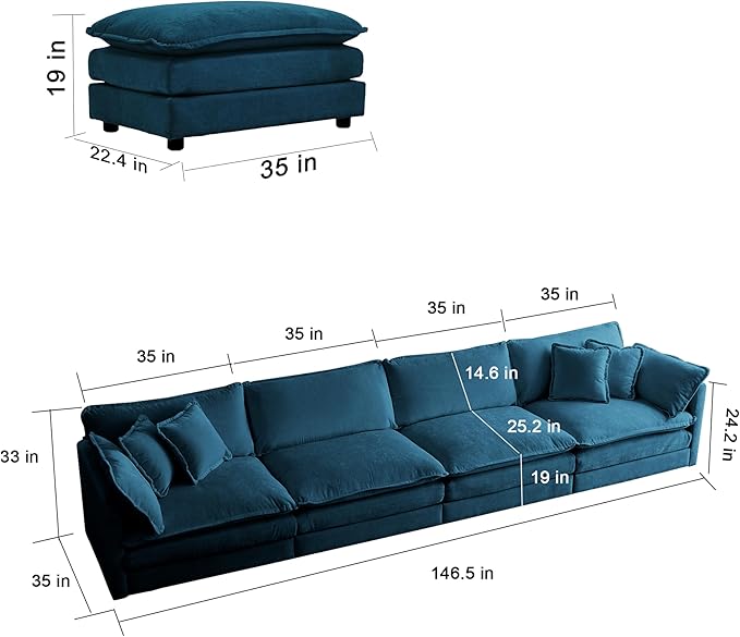 ERYE Shaped Oversized Sectional Sofa Modern Deep Seat Reversible Chaise Sofa&Couch with Movable Ottoman, Modular Sleeper Upholstered Couch for Living Room, Apartment, Studio, Office, 146.5", Blue/L