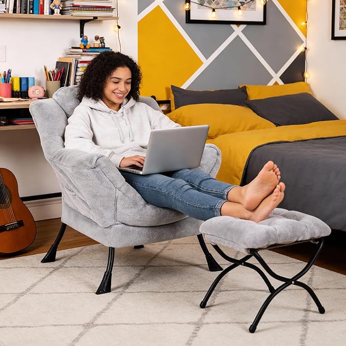 MBOOYOME Lazy Chair with Folding Ottoman, Modern Accent Armchair with Armrests and a Side Pocket & Foldable Footstool, Reading Chair for Living Room, Bedroom, Dorm & Office, Plush Grey