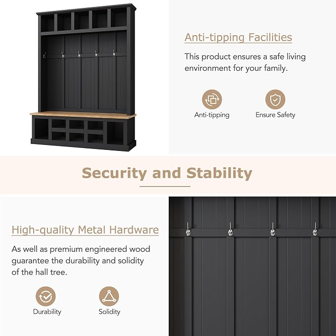 Farmhouse Wood Hall Tree with Bench and Shoe Storage, 5-in-1 Coat Rack with 6 Hooks for Entrance, Hallway Black - Image 6