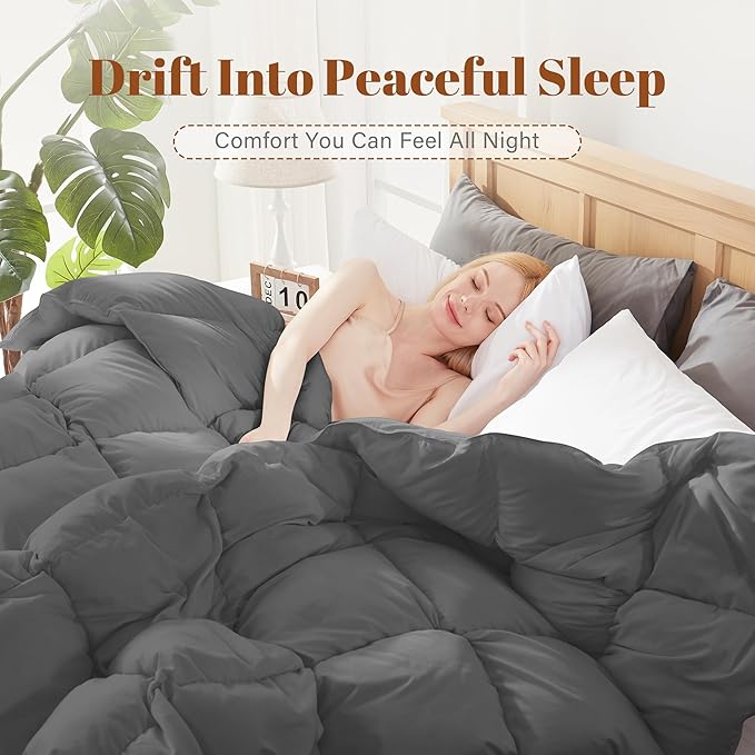 Feather Down Fiber Comforter Twin Size - All Season 100% Cotton Duvet Insert - Luxury Medium Warmth Hotel Bedding Comforter, Fluffy and Cozy -Grey, Twin 68 x 90 Inch