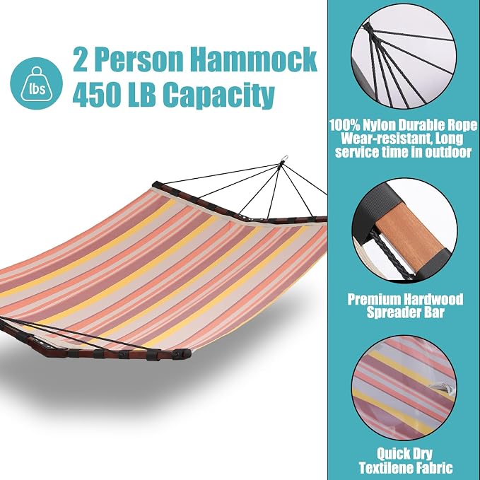 TegerDeger 12FT 2 Person Hammock Large Hammock Quick Dry 450LB Capacity with V Shaped Hardwood Spreader Bar & Nylon Rope for Outside, Patio, Garden, Backyard, Beach, Poolside - Coral Red Stripes - Image 4