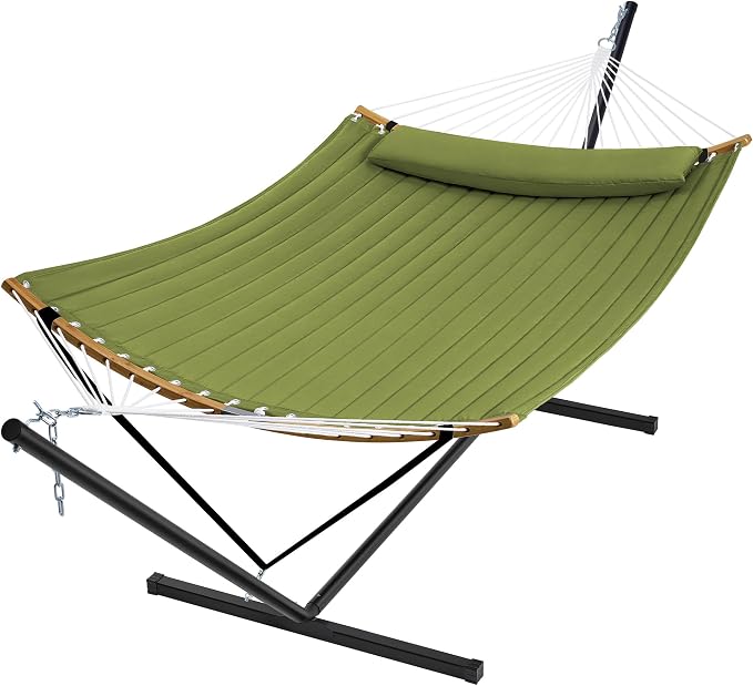 SUPERJARE Curved-Bar Hammock with Stand, 2 Person Heavy Duty Hammock Frame, Detachable Pillow & Portable Carrying Bag, Perfect for Outdoor & Indoor, Spring Green by SUPERJARE