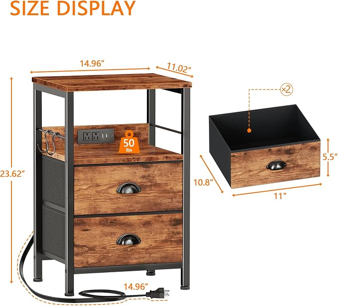 Furologee Nightstand Set of 2, Rustic Brown, with Charging Station and USB Ports, Side Tables with 2 Fabric Drawers, Bedside Tables with Storage Shelf & Hooks, for Living Room/Bedroom - Image 3