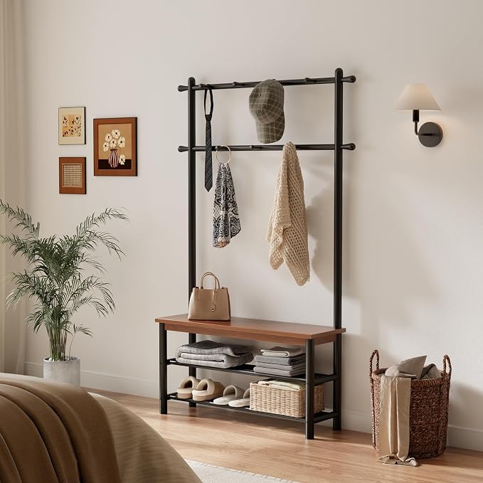 Coat Rack with Shoe Storage, Wood and Metal Frame, Entryway Hall Tree with Bench, Featuring 11 Hooks and 2-Tier Storage Shelves, 3-in-1, Entry Bench with Coat Rack (39.4" Walnut) - Image 6