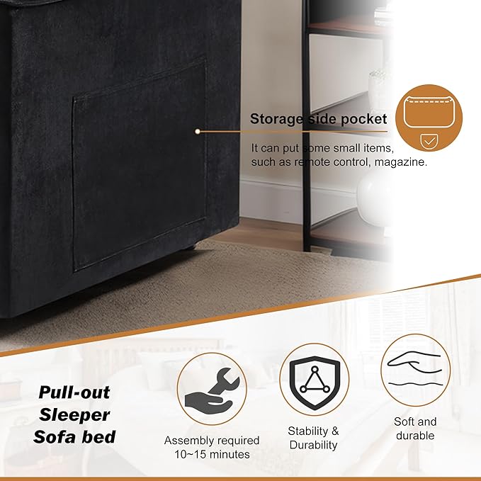 3 in 1 Convertible Sleeper Sofa Bed, Pull Out Couch Loveseat Futon, Adjustable Backrest Velvet Sofa with Pillows and Side Pockets for Living Room Apartment, Modern Black