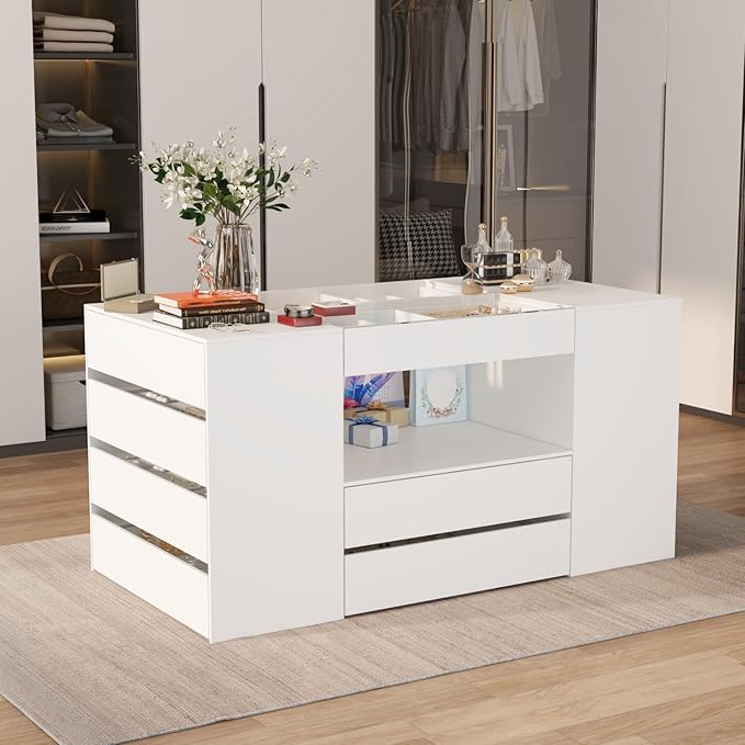 Armoire Bedroom Island Wardrobe Closet Island with 14 Drawers & Glass Tabletop, Island Dresser with Jewelry Organizer, Island for Bedroom Cloakroom White (63”W x 31.5”D x 31.5”H)