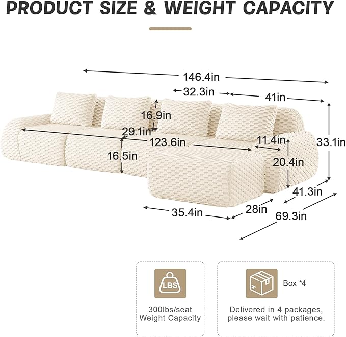 146" L-Shaped Compressed Sectional Cloud Sofa, Flannel Upholstered Modular Deep Seat Sofa with 5 Pieces, Modern Floor Boneless Foam Modular Cloud Couches for Living Room