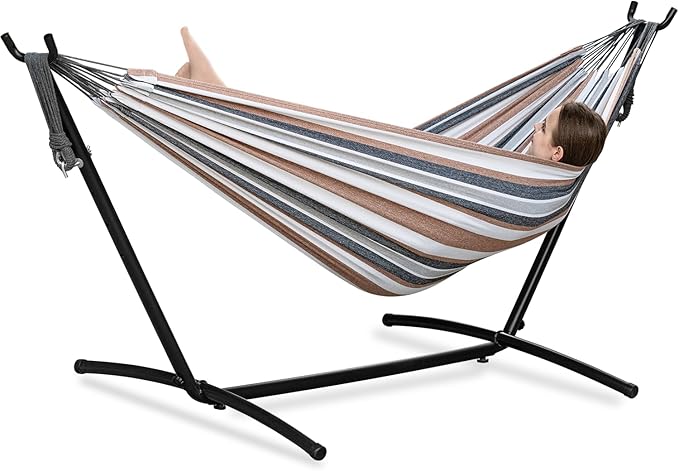 PNAEUT Double Hammocks with Stand for Outside, Portable Space Saving Heavy-Duty Steel Frame for Indoor Outdoor Patio Yard, Easy Assembly, 2 Person 450 lbs Capacity (Coffee) by PNAEUT