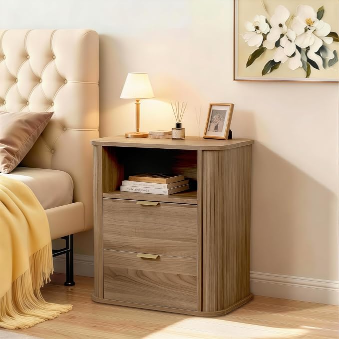 SoarFlash 2PCS Nightstand, Wooden Nightstand Set of 2 with 2 Drawers Storage, Curved Profile Design, Rustic Style for Bedroom, Brown by SoarFlash