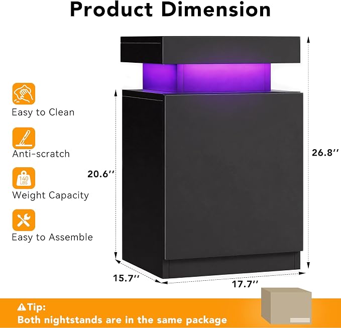 MXV LED Night Stand with Charging Station, Bedside Table with Sliding Top Storage, Modern End Table for Bedroom, Black - Image 2