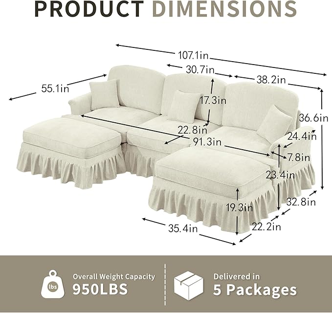 Rovibek 107” U Shaped Couch, Chenille Midcentury Modern Sofa with Detachable Ruffle Hem, Sectional Couches for Living Room with Throw Pillows & 2 Ottoman, White