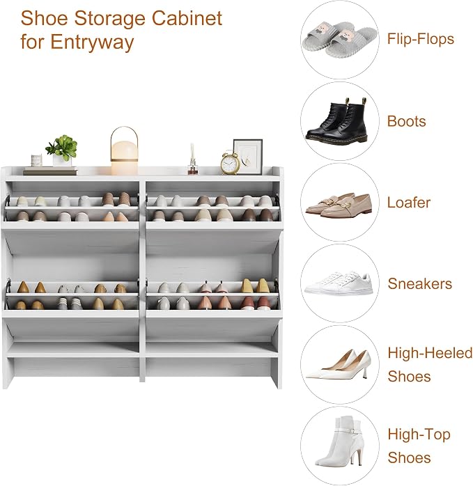 GarveeHome Shoe Cabinet with 4 Flip Drawers, Wooden Shoe Organizer Cabinet with Adjustable Shelf, Shoe Storage for Entryway, Hidden Shoe Cabinet for Hallway, Living Room, White - Image 5
