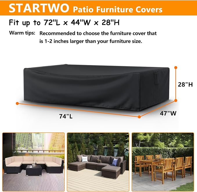 STARTWO Patio Furniture Covers Waterprpoof, Tear Resistant Rectangular Outdoor Furniture Set Cover for Table and Chairs, Outdoor Sectional Sofa Cover, 74"L x 47"W x 28"H - Image 2
