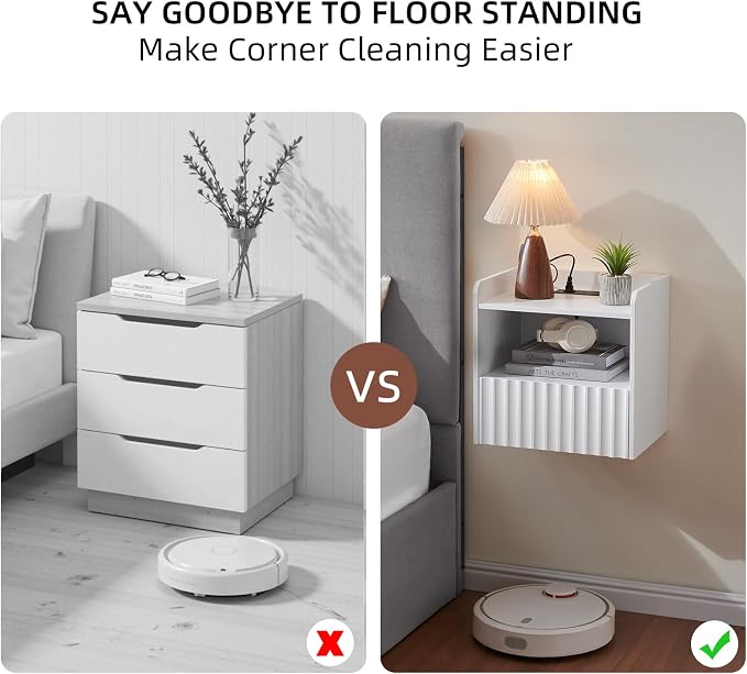 BuildHom Modern Fluted Floating Nightstand Wall Mounted Set of 2- Bedside Table with Storage Drawer & Display Shelf, Minimalist Bedroom Furniture for Studio Apartments (Matte White) - Image 5
