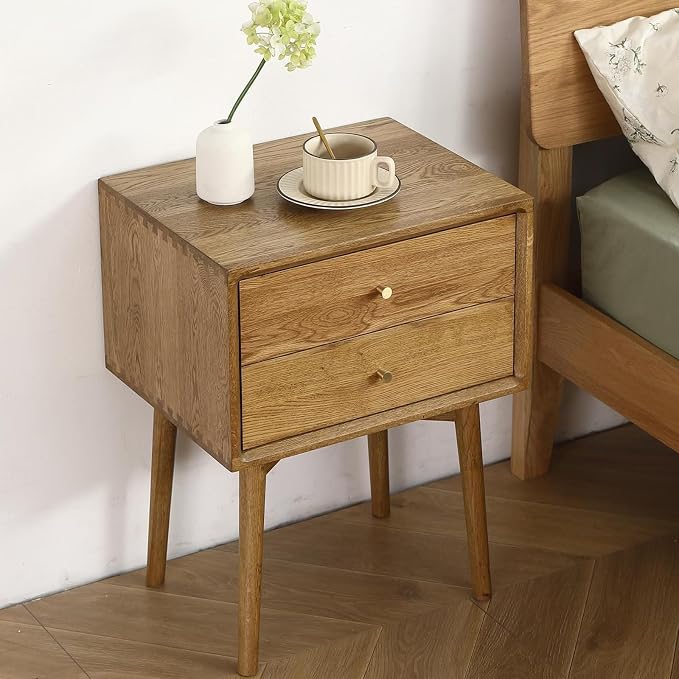 Solid Wood Bedside Table Nightstands, Mid-Century Natural Oak Modern End Table with Drawers Vintage Aesthetic Durable Real Wooden Cabinet Organizer for Bedroom, Light Walnut Color - Image 6