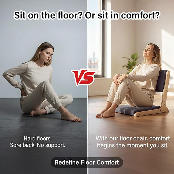 Tiita Floor Chair with Back Support, Foldable Meditation Tatami Chairs, Backrest Chair with Cushion, Living Room Chair Seat 4 Pack, Wood Dark Grey