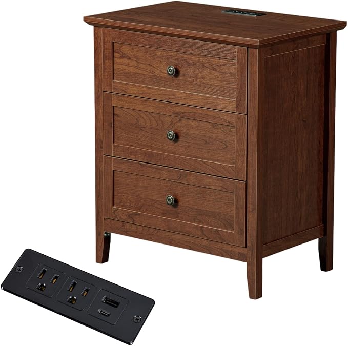 Karl home Farmhouse Nightstand with Charging Station, Wide End Table with 3 Large Drawers & Mental Handles, Wood Small Side Table of Drawers for Bedroom, Closet, Brown by Karlhome