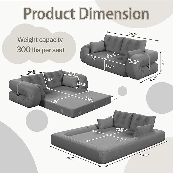 78.7" Convertible Sofa Bed, 3-in-1 Folding Floor Couch with 4 Pillows, Sleeper Sofa for Living Room and Guest Bed, No Assembly Required (Grey, Teddy Fabric)