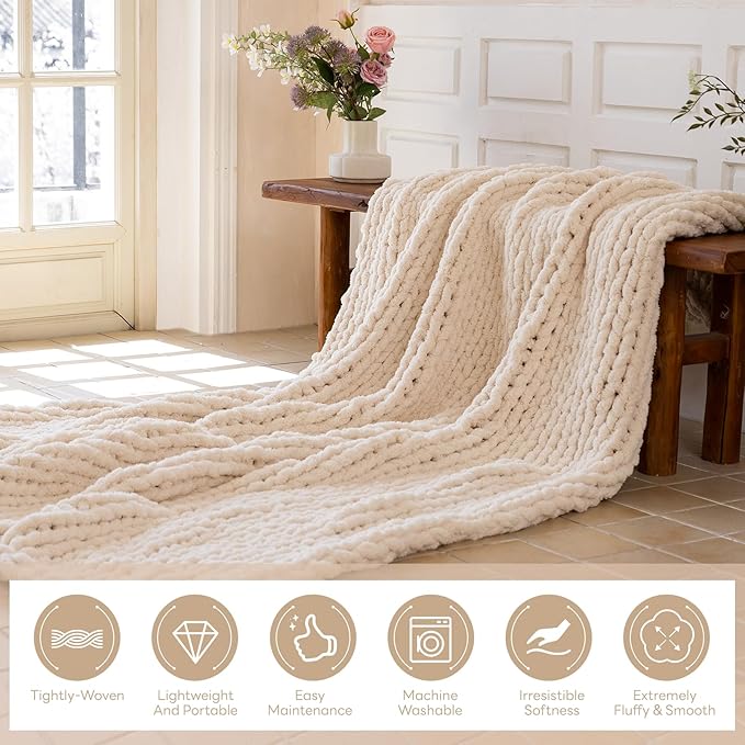 Chunky Knit Blanket - Luxury Soft Cozy 40 * 50 Throw Blanket,100% Woven Blanket Rope Knot Throw Blanket for Couch, Sofa, Home Decor, Gift - Machine Washable (Cream, 40 * 50)