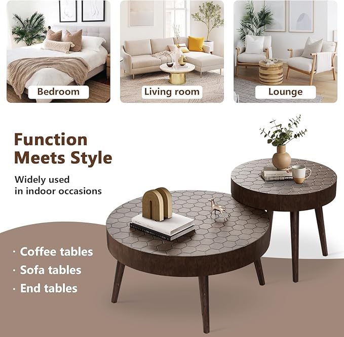 COSIEST Round Coffee Table Set of 2, Nesting Tables with Honeycomb Pattern, Modern End Table for Living Room, Farmhouse, Brown