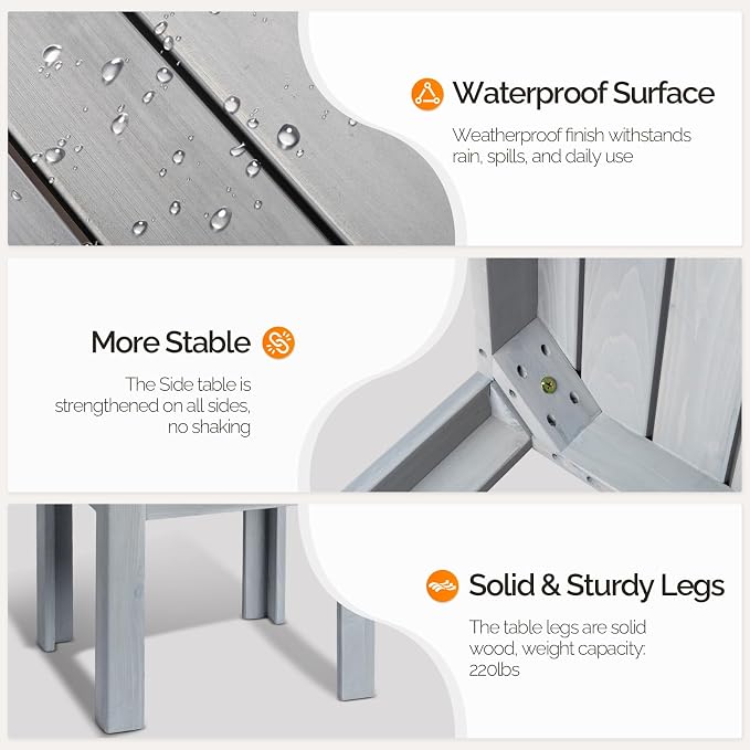 VINGLI Outdoor Wooden Side Table, Square Patio Side Table, Small Outdoor Table for Patio, Backyard, Garden, Poolside, Balcony, Adirondack Conversation End Table (Grey) - Image 6