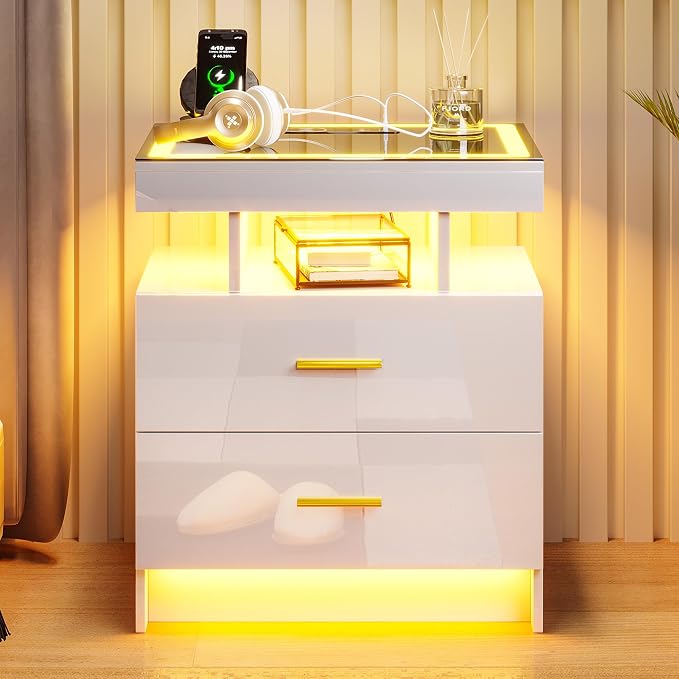 HNEBC LED Nightstand with Charging Station (USB,Type-C Ports) High Gloss Bedside Table with 2 Drawers, Smart Night Stand with Auto Sensor Lights,Modern Bed Side Table for Bedroom (White) - Image 8