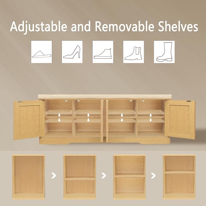 DINZI LVJ Shoe Bench, Entryway Storage Bench with Doors, Cushion, 2-Tier Shoe Rack with 8-Cubby, 47.2”L x 13.8”W Shoe Organizer Cabinet, Adjustable Shelf, Living Room, Bedroom, Natural - Image 3