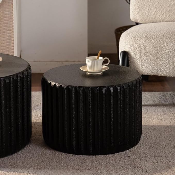 kevinplus 46.46'' White Round Coffee Table Set of 2, Modern Circle Fluted Drum Nesting Elegnant Coffee Table for Living Room, No Assembly, Black