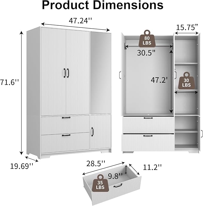 72'' Fluted Armoire Wardrobe Closet with Mirror Door and 2 Drawers,Tall Bedroom Armoire Wardrobe Cabinet with Hanging Rod,Wooden Bedroom Closet with 4 Adjustable Shelves (White)
