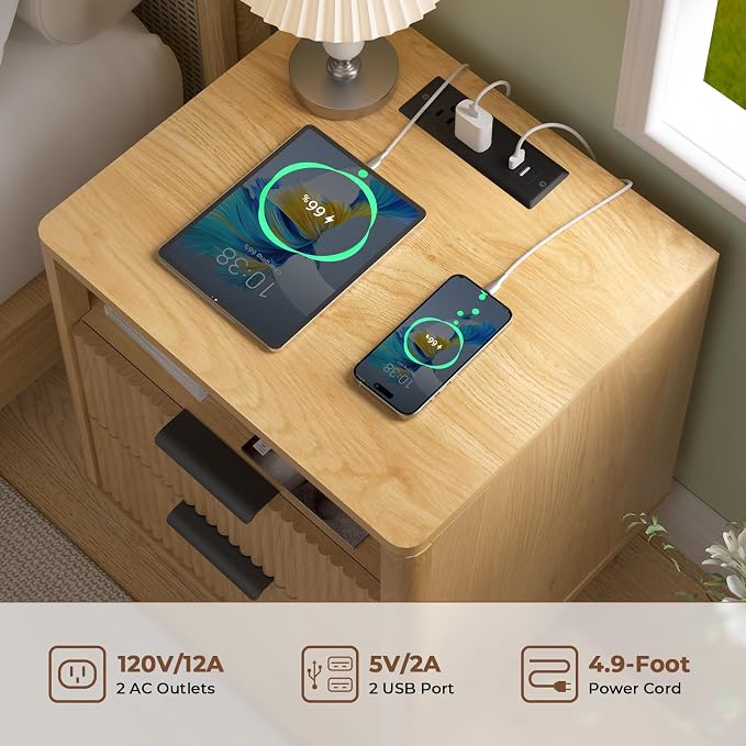 HOMMPA 18'' Fluted Nightstand with Charging Station, Modern Bedside Table, 2 Drawer Bed Side End Table with Open Compartment & 4 Support Legs, Wood Night Stand for Bedroom, Curved Profile Design - Image 4