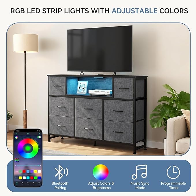 Simple Deluxe TV Stand Dresser with 8 Fabric Drawers and Open Shelves, Entertainment Center with LED Lights & Charging Station, Wood Top for 45" -55" TV, for Bedroom/Living Room/Hallway, Grey